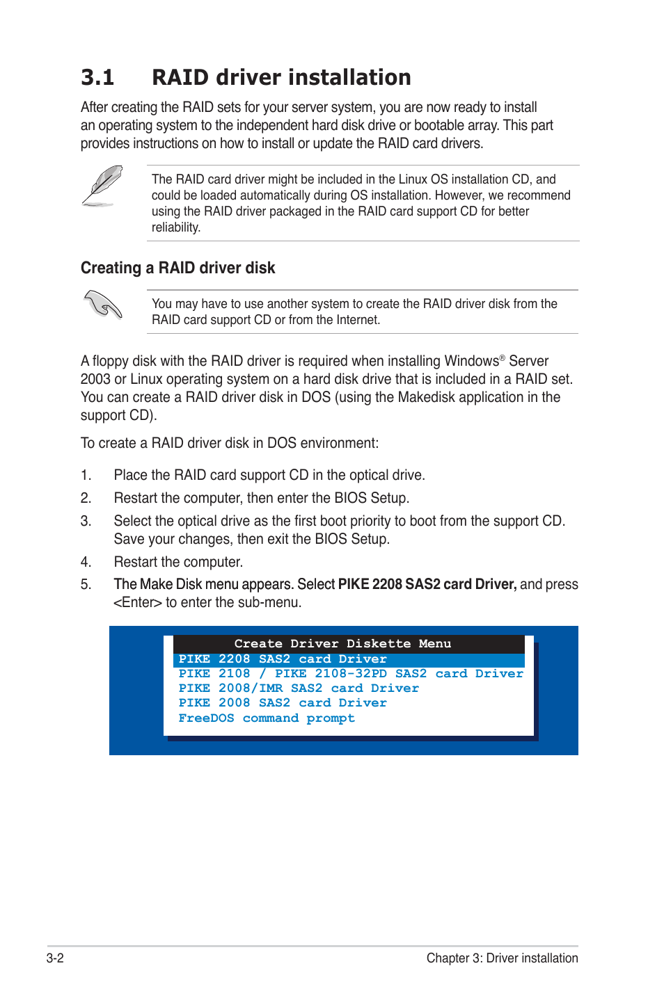 1 raid driver installation, Raid driver installation -2, Creating a raid driver disk | Asus PIKE 2208 User Manual | Page 70 / 86