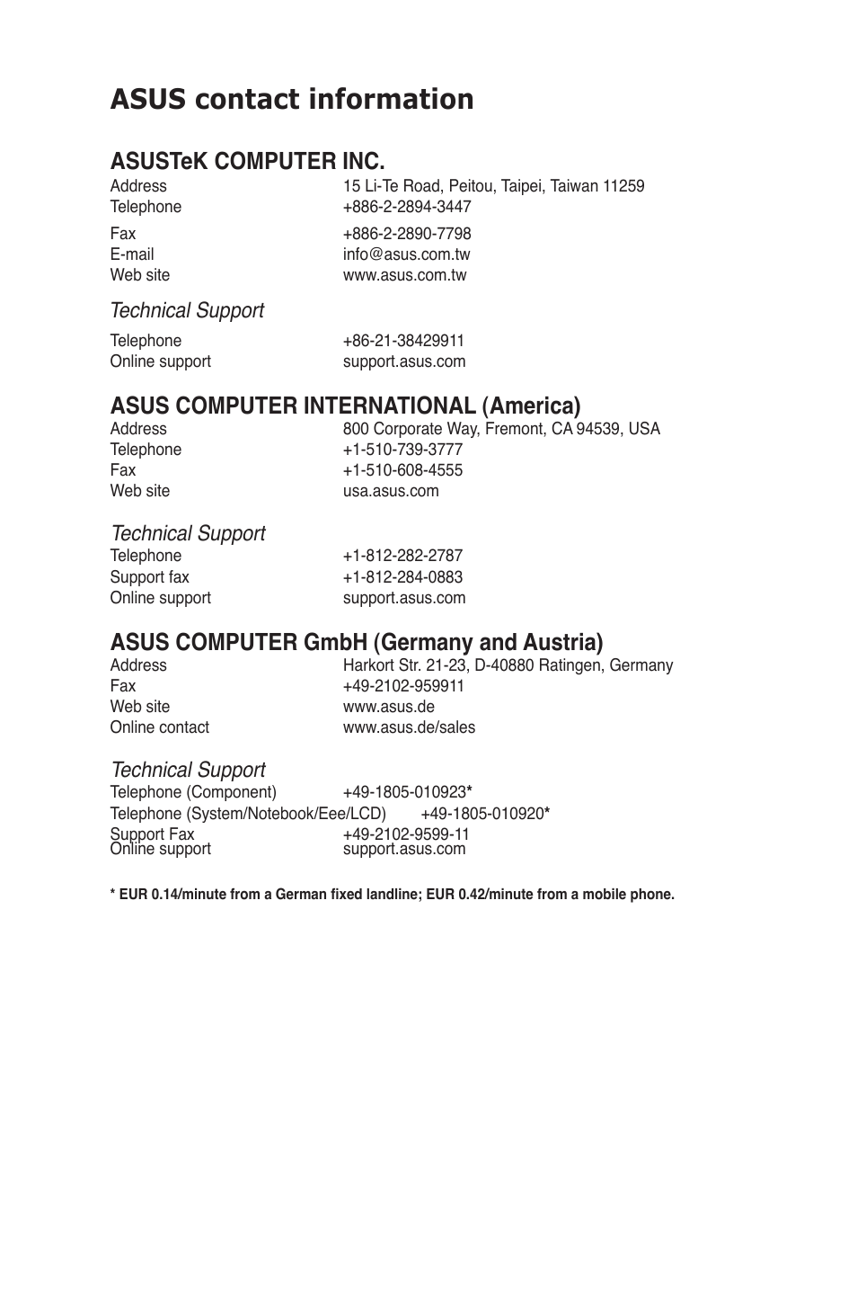 Asus contact information, Asustek computer inc, Asus computer international (america) | Asus computer gmbh (germany and austria), Technical support | Asus PIKE 2208 User Manual | Page 85 / 86