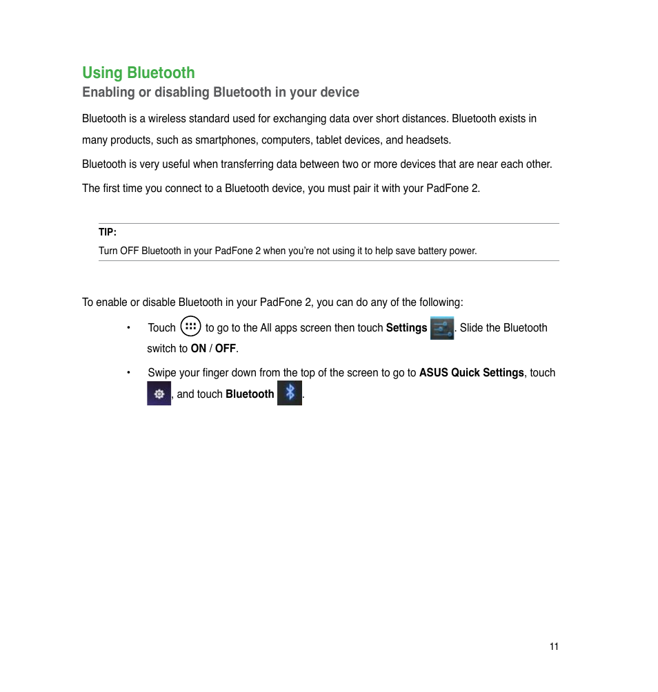 Using bluetooth | Asus PadFone 2 User Manual | Page 11 / 71