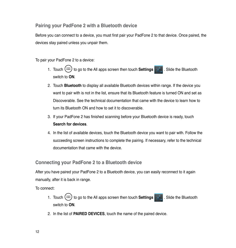 Pairing your padfone 2 with a bluetooth device, Connecting your padfone 2 to a bluetooth device | Asus PadFone 2 User Manual | Page 12 / 71