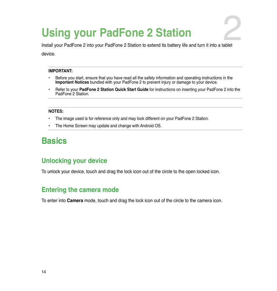 Chapter 2: using your padfone 2 station, Basics, Unlocking your device | Entering the camera mode, Using your padfone 2 station | Asus PadFone 2 User Manual | Page 14 / 71