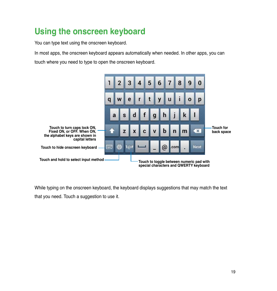 Using the onscreen keyboard | Asus PadFone 2 User Manual | Page 19 / 71