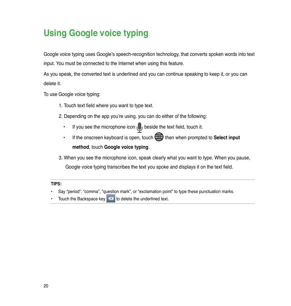 Using google voice typing | Asus PadFone 2 User Manual | Page 20 / 71