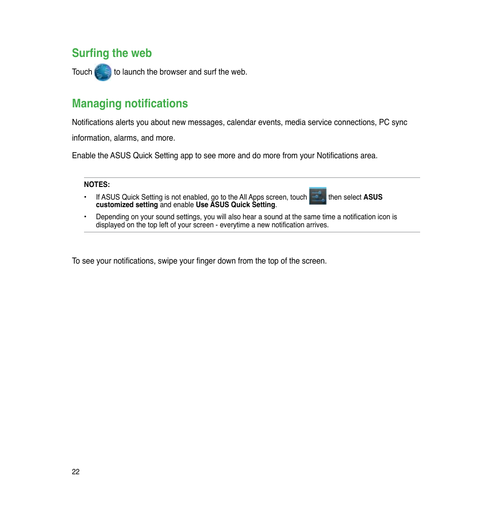 Surfing the web, Managing notifications | Asus PadFone 2 User Manual | Page 22 / 71