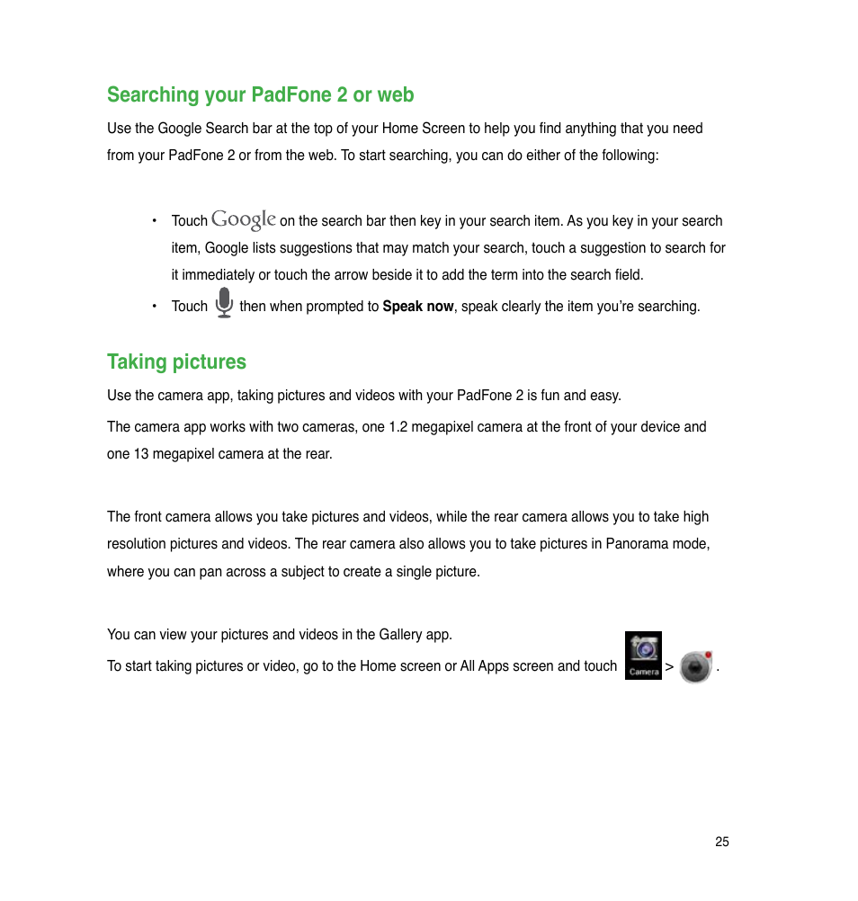 Searching your padfone 2 or web, Taking pictures | Asus PadFone 2 User Manual | Page 25 / 71