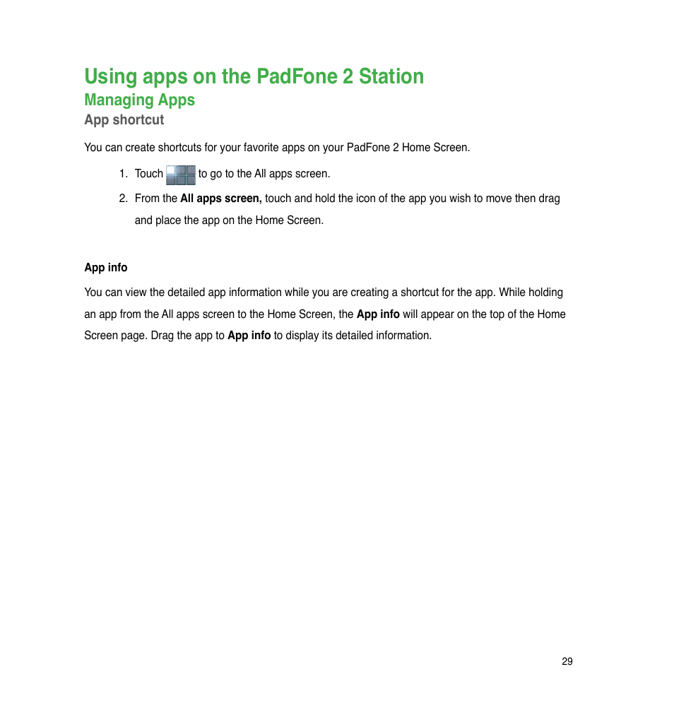 Using apps on the padfone 2 station, Managing apps | Asus PadFone 2 User Manual | Page 29 / 71