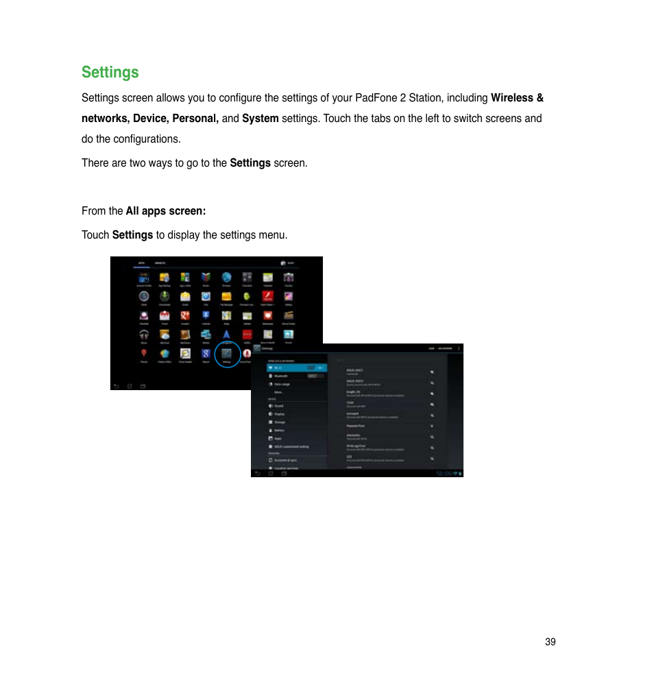 Settings | Asus PadFone 2 User Manual | Page 39 / 71