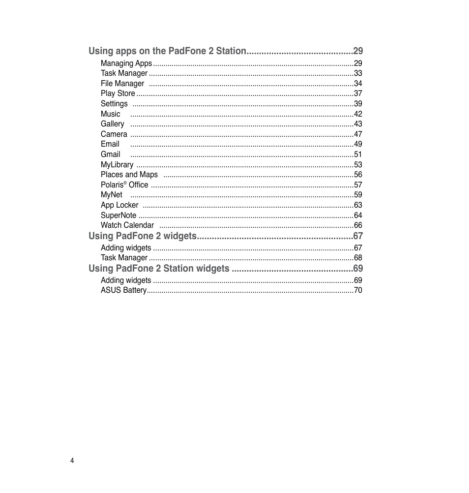 Using apps on the padfone 2 station, Using padfone 2 widgets, Using padfone 2 station widgets | Asus PadFone 2 User Manual | Page 4 / 71