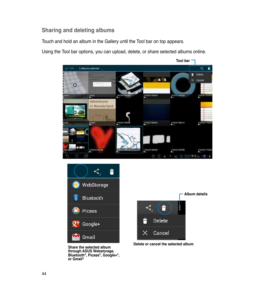 Sharing and deleting albums | Asus PadFone 2 User Manual | Page 44 / 71