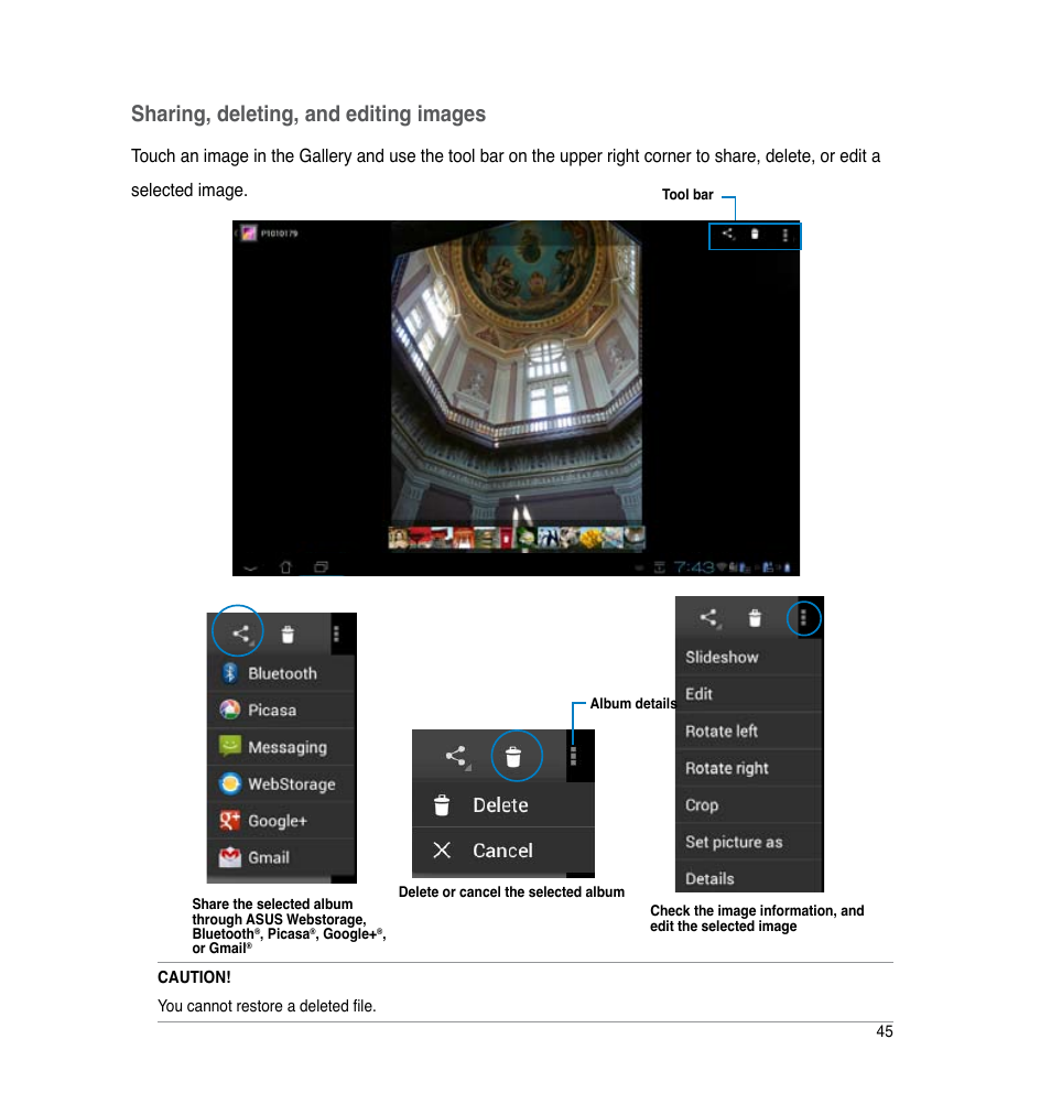 Sharing, deleting, and editing images | Asus PadFone 2 User Manual | Page 45 / 71
