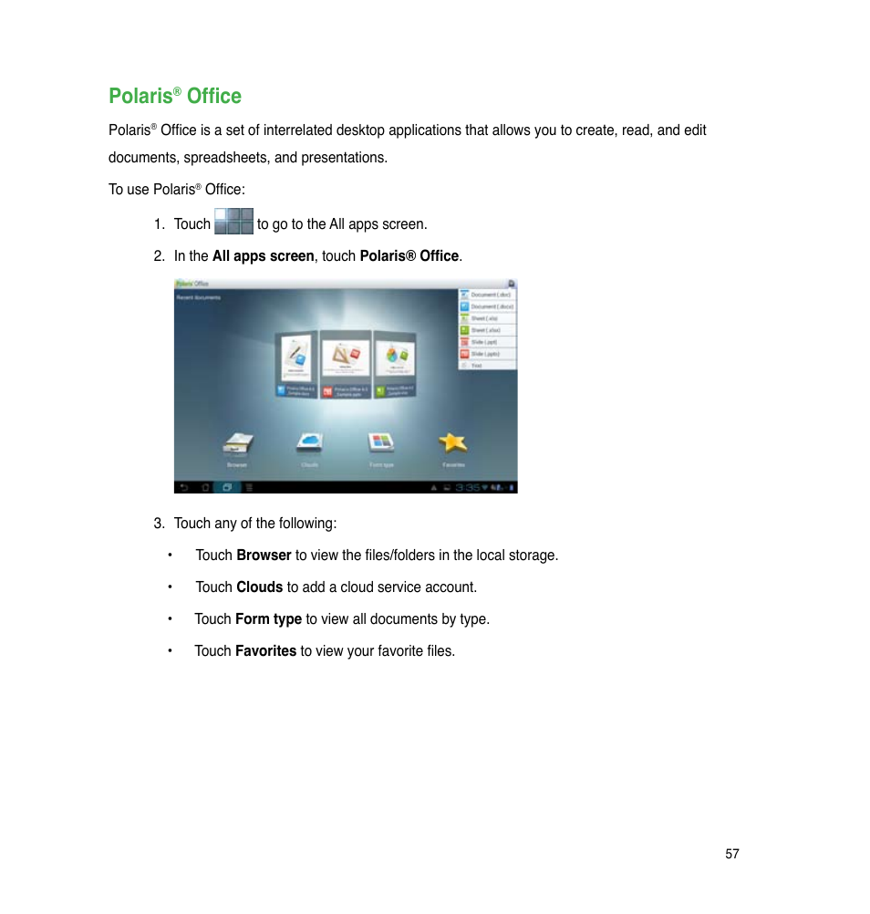 Polaris® office, Polaris, Office | Asus PadFone 2 User Manual | Page 57 / 71