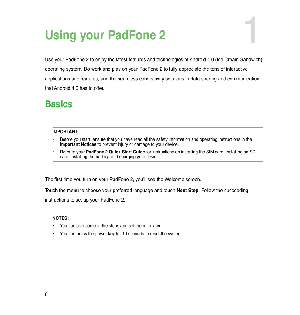 Chapter 1: using your padfone 2, Basics, Using your padfone 2 | Asus PadFone 2 User Manual | Page 6 / 71