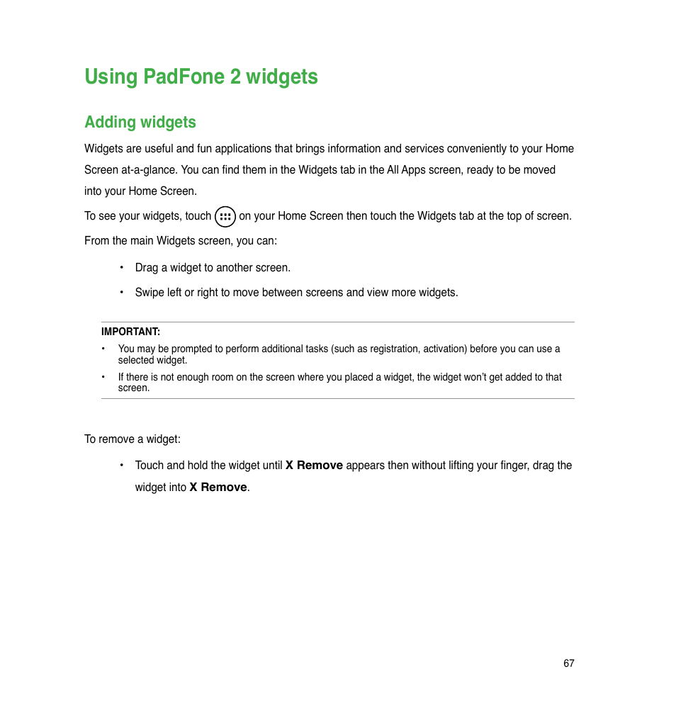 Using padfone 2 widgets, Adding widgets | Asus PadFone 2 User Manual | Page 67 / 71