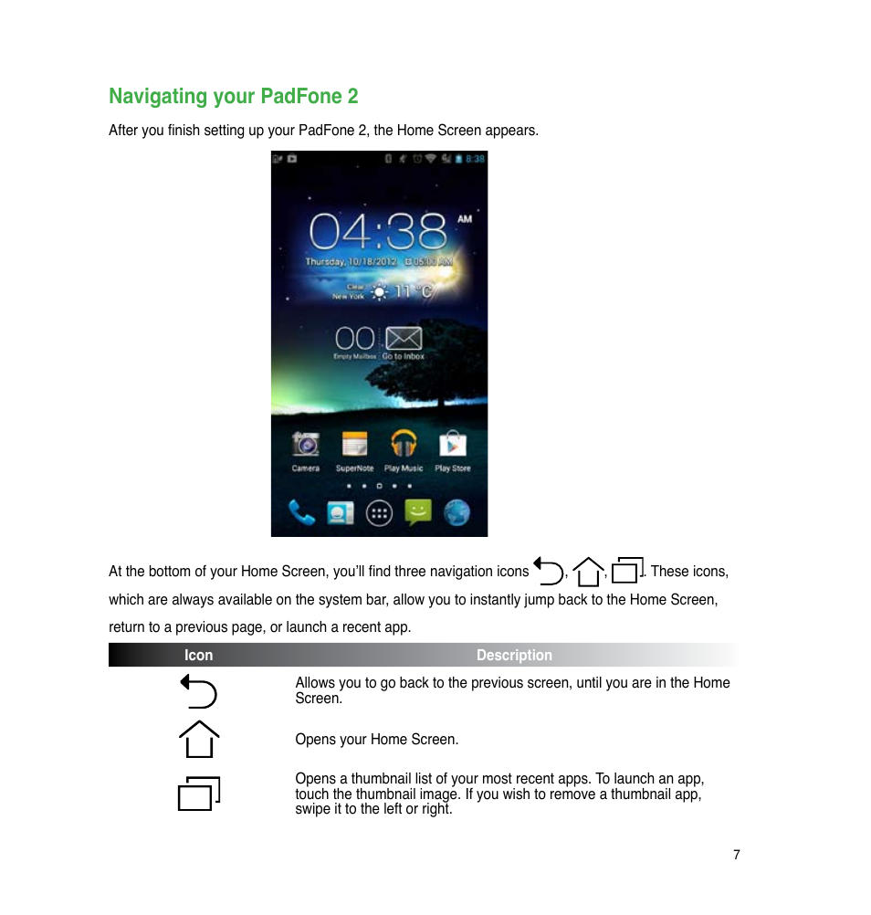 Navigating your padfone 2, Navigating your padfone | Asus PadFone 2 User Manual | Page 7 / 71