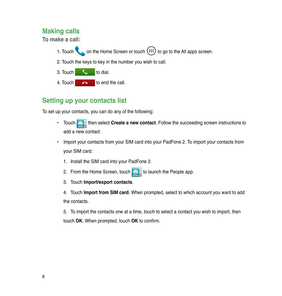 Making calls, Setting up your contacts list | Asus PadFone 2 User Manual | Page 8 / 71