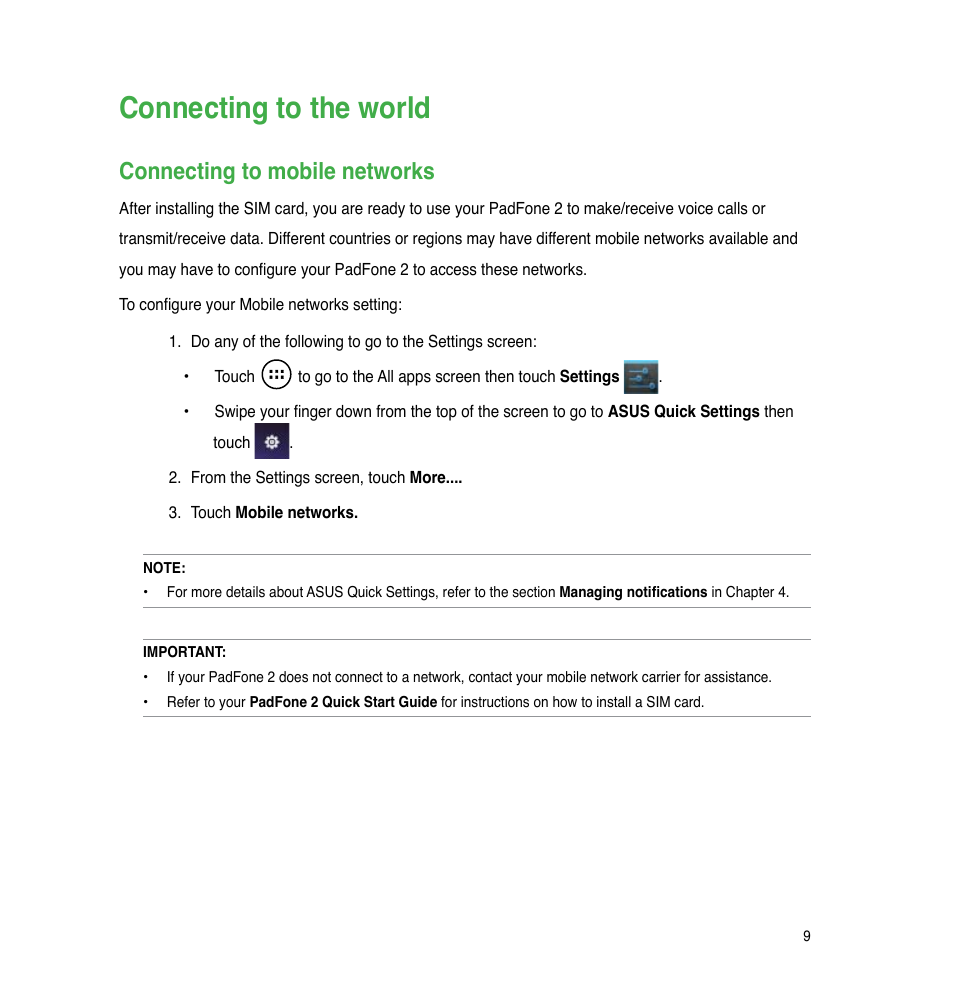 Connecting to the world, Connecting to mobile networks | Asus PadFone 2 User Manual | Page 9 / 71