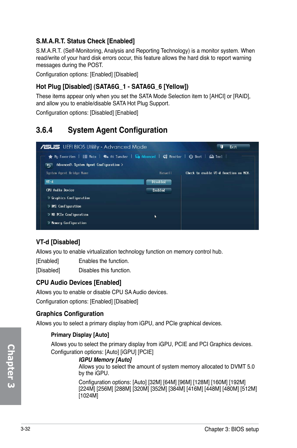 4 system agent configuration, System agent configuration -32, Chapter 3 | Asus Z87-DELUXE/DUAL User Manual | Page 108 / 168