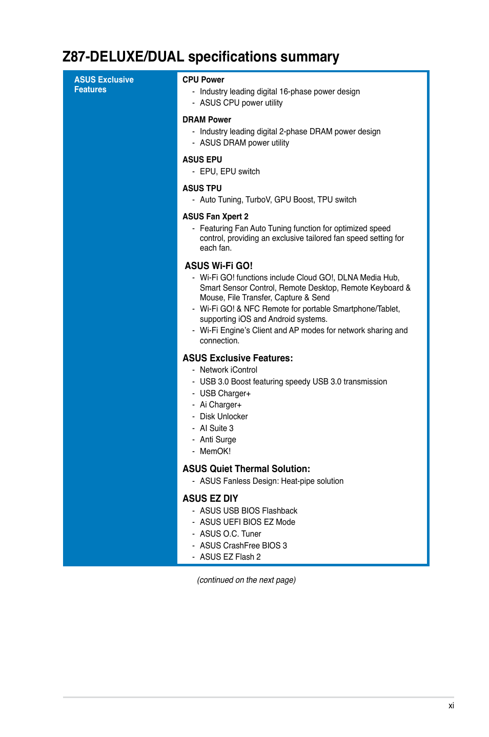 Z87-deluxe/dual specifications summary | Asus Z87-DELUXE/DUAL User Manual | Page 11 / 168