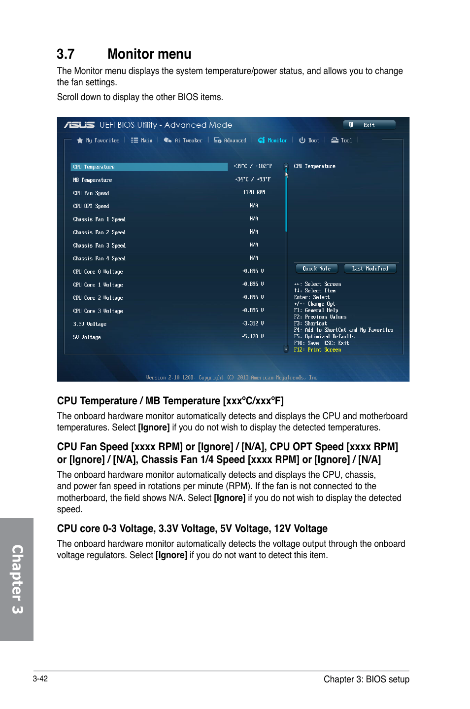 7 monitor menu, Monitor menu -42, Chapter 3 3.7 monitor menu | Asus Z87-DELUXE/DUAL User Manual | Page 118 / 168