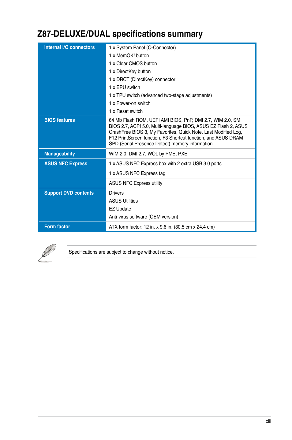 Z87-deluxe/dual specifications summary | Asus Z87-DELUXE/DUAL User Manual | Page 13 / 168