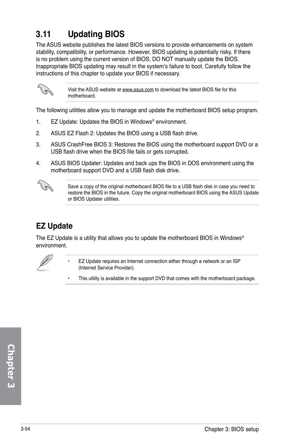 11 updating bios, Updating bios -54, Chapter 3 3.11 updating bios | Ez update | Asus Z87-DELUXE/DUAL User Manual | Page 130 / 168