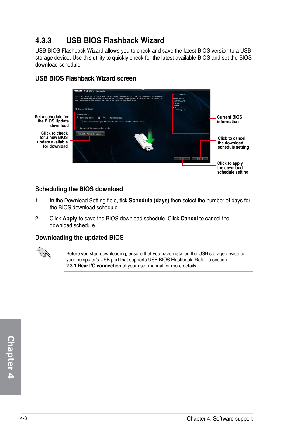 3 usb bios flashback wizard, Usb bios flashback wizard -8, Chapter 4 | Scheduling the bios download, Downloading the updated bios, Usb bios flashback wizard screen | Asus Z87-DELUXE/DUAL User Manual | Page 144 / 168