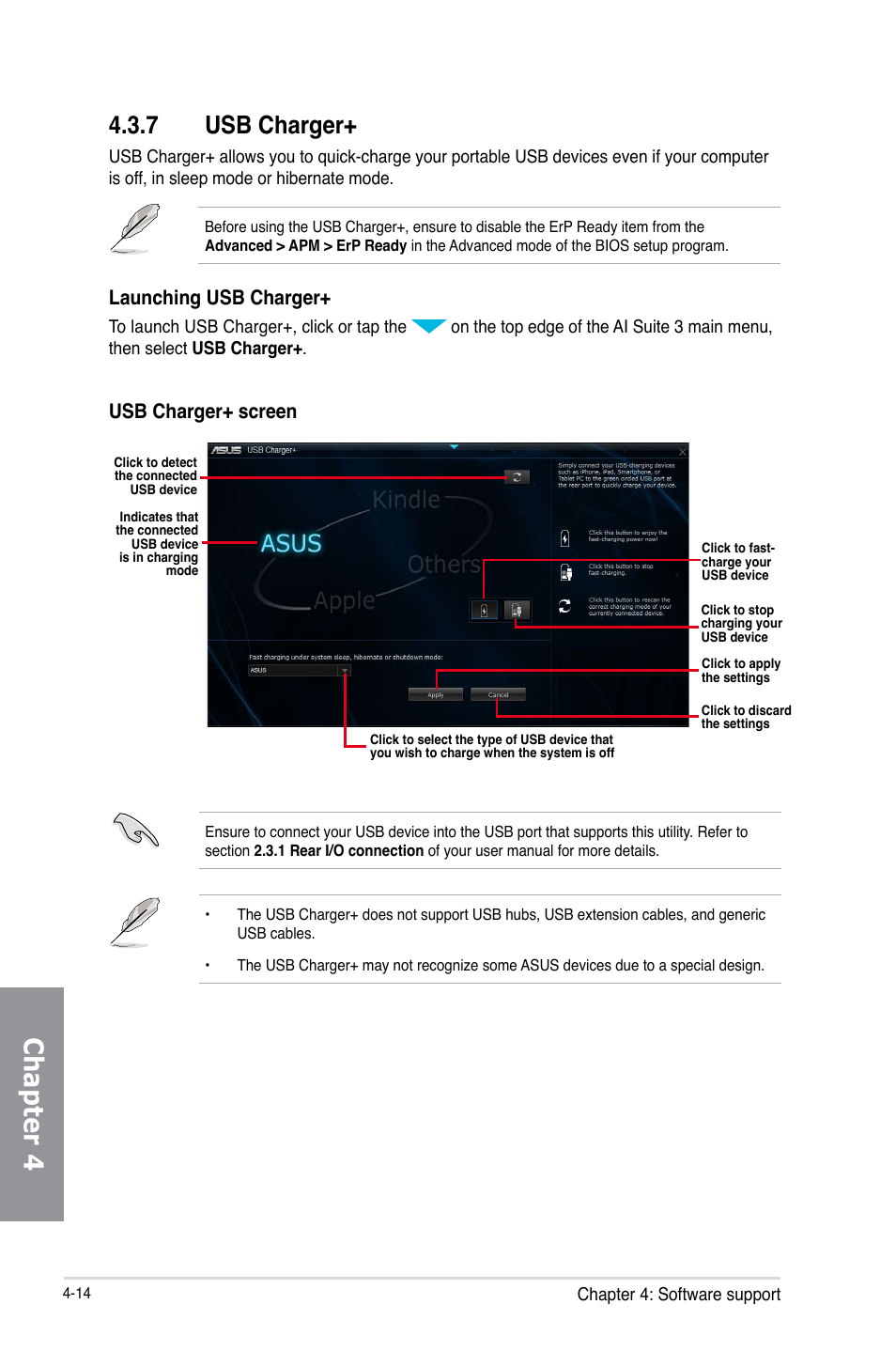 7 usb charger, Usb charger+ -14, Chapter 4 | Launching usb charger, Usb charger+ screen | Asus Z87-DELUXE/DUAL User Manual | Page 150 / 168