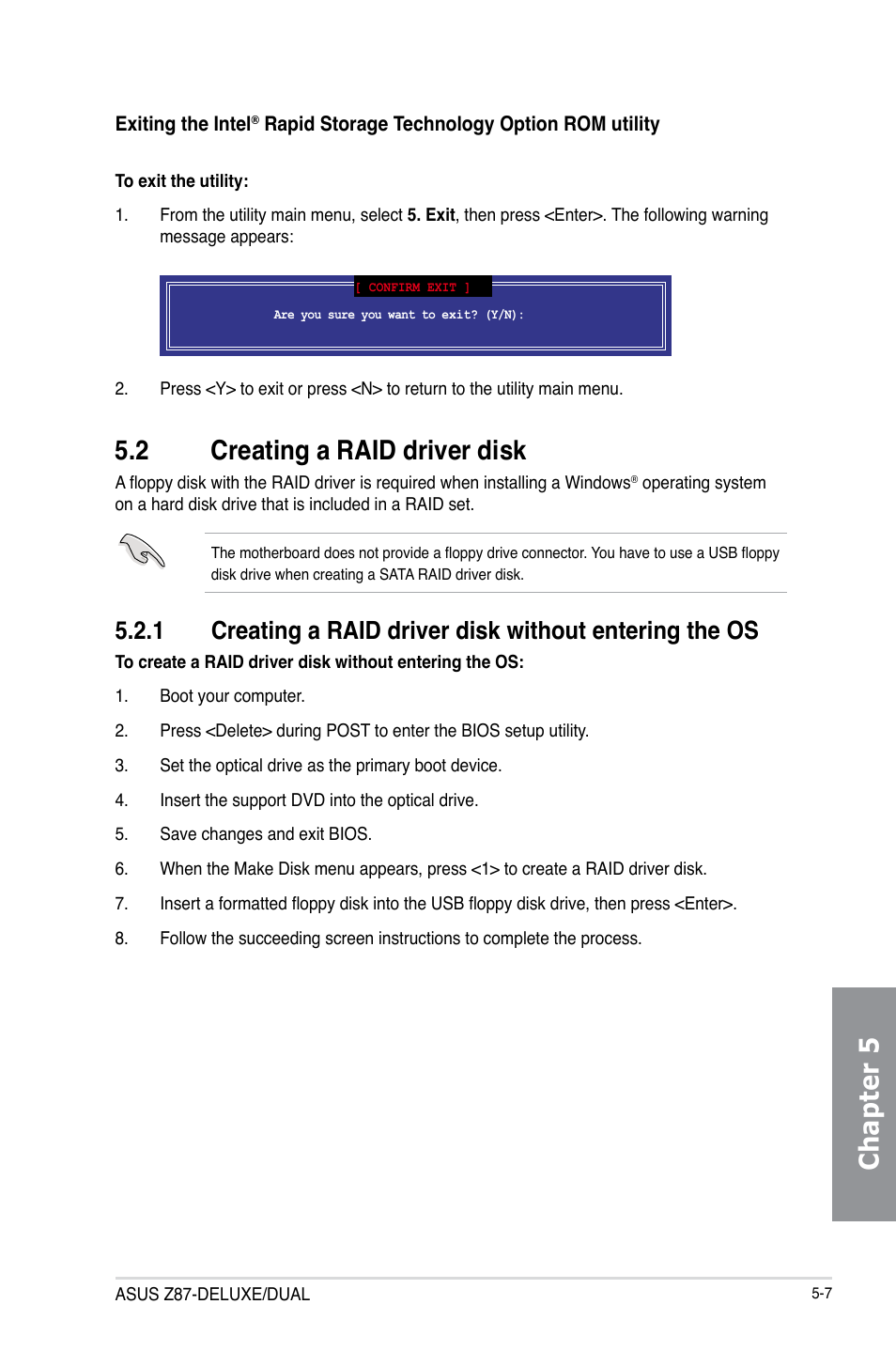 2 creating a raid driver disk, Creating a raid driver disk -7 5.2.1, Chapter 5 | Asus Z87-DELUXE/DUAL User Manual | Page 161 / 168