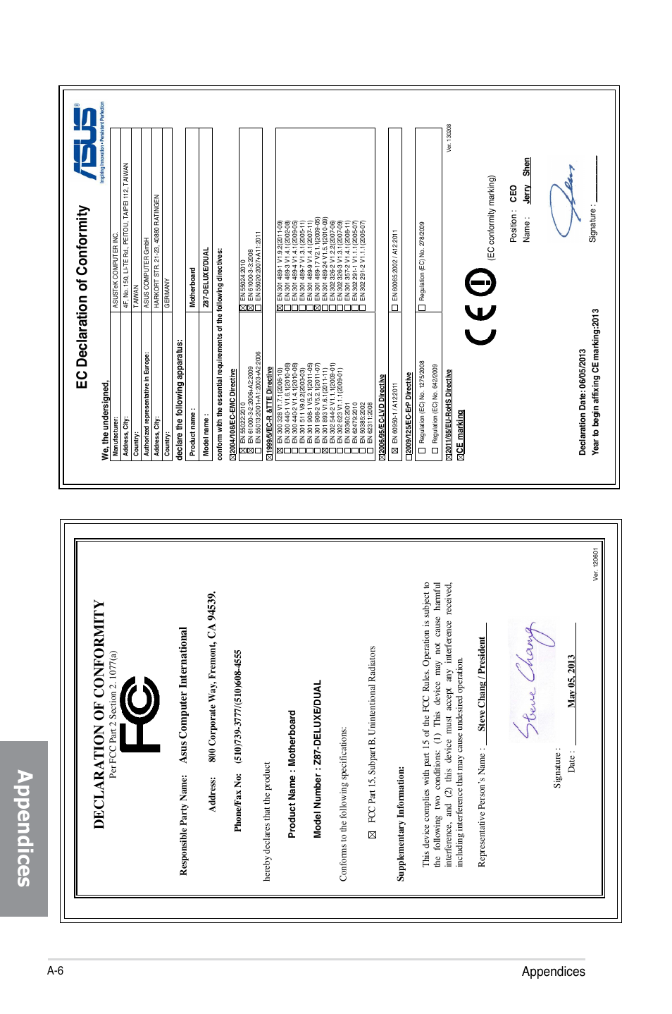 Ec declaration of conformity, Declaration of conformity, Appendices | As us c om pu te r i nt er na tio na l | Asus Z87-DELUXE/DUAL User Manual | Page 168 / 168