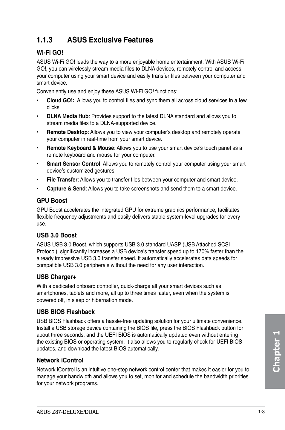 3 asus exclusive features, Asus exclusive features -3, Chapter 1 | Asus Z87-DELUXE/DUAL User Manual | Page 19 / 168