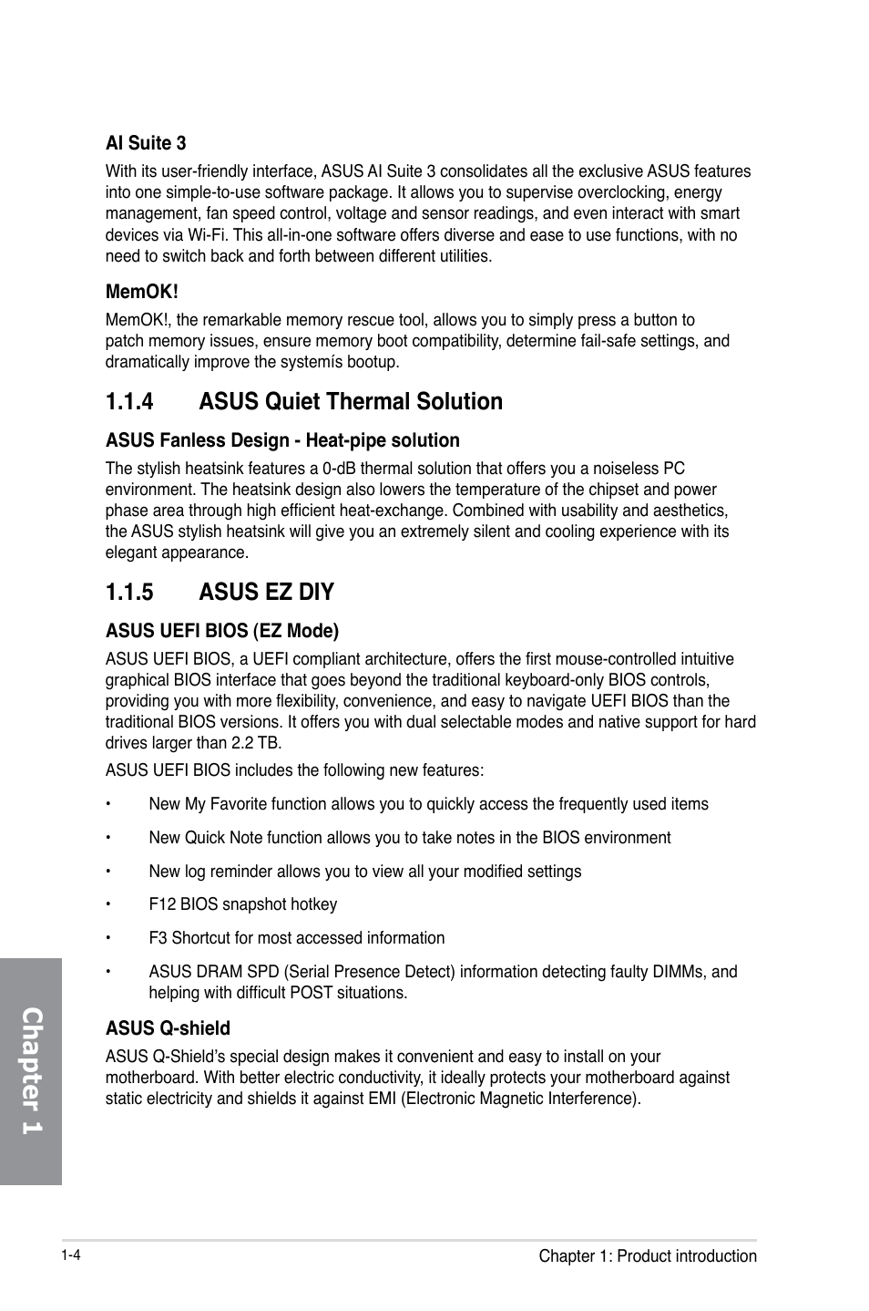 4 asus quiet thermal solution, 5 asus ez diy, Asus quiet thermal solution -4 | Asus ez diy -4, Chapter 1 | Asus Z87-DELUXE/DUAL User Manual | Page 20 / 168