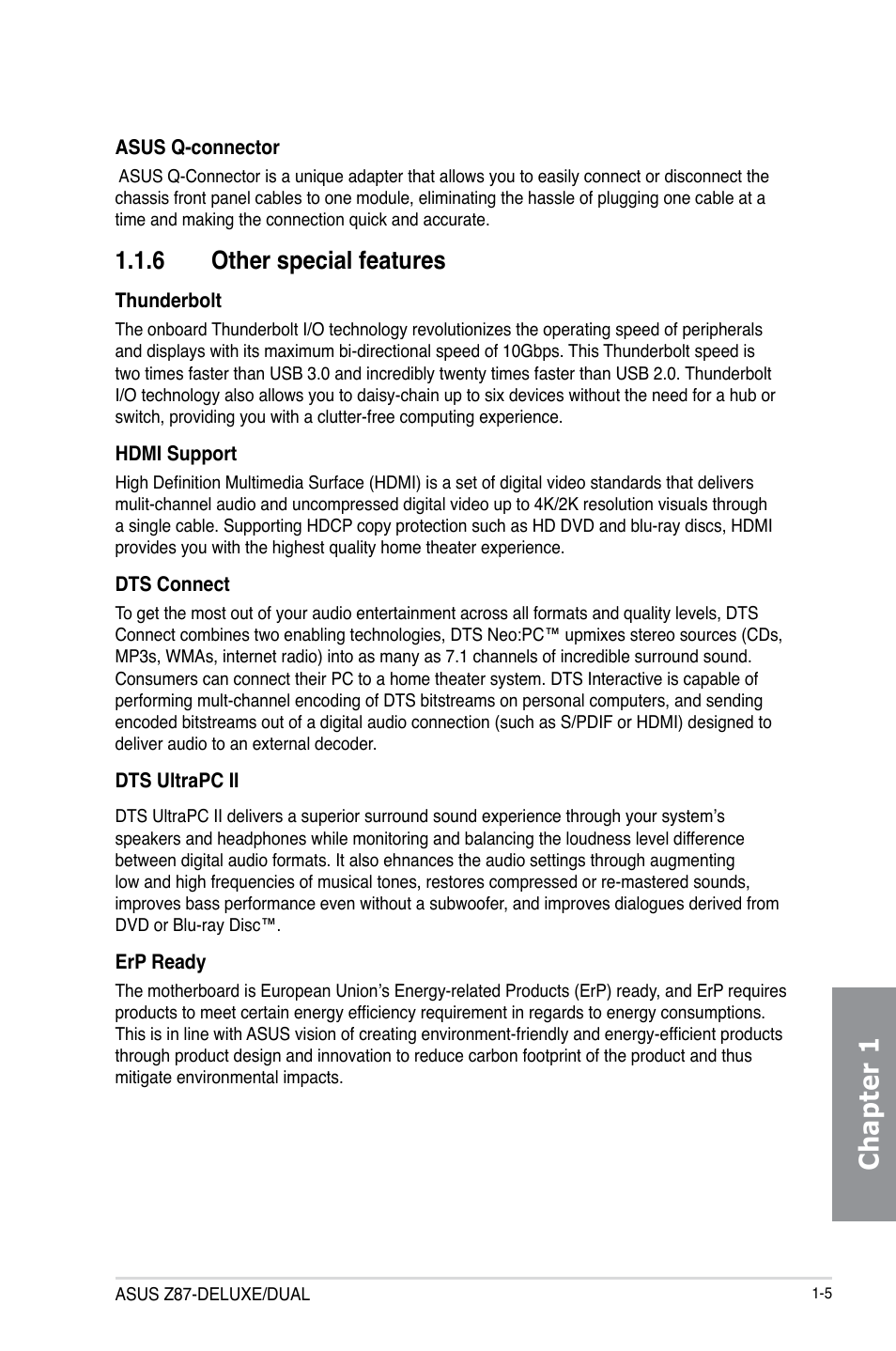 6 other special features, Other special features -5, Chapter 1 | Asus Z87-DELUXE/DUAL User Manual | Page 21 / 168