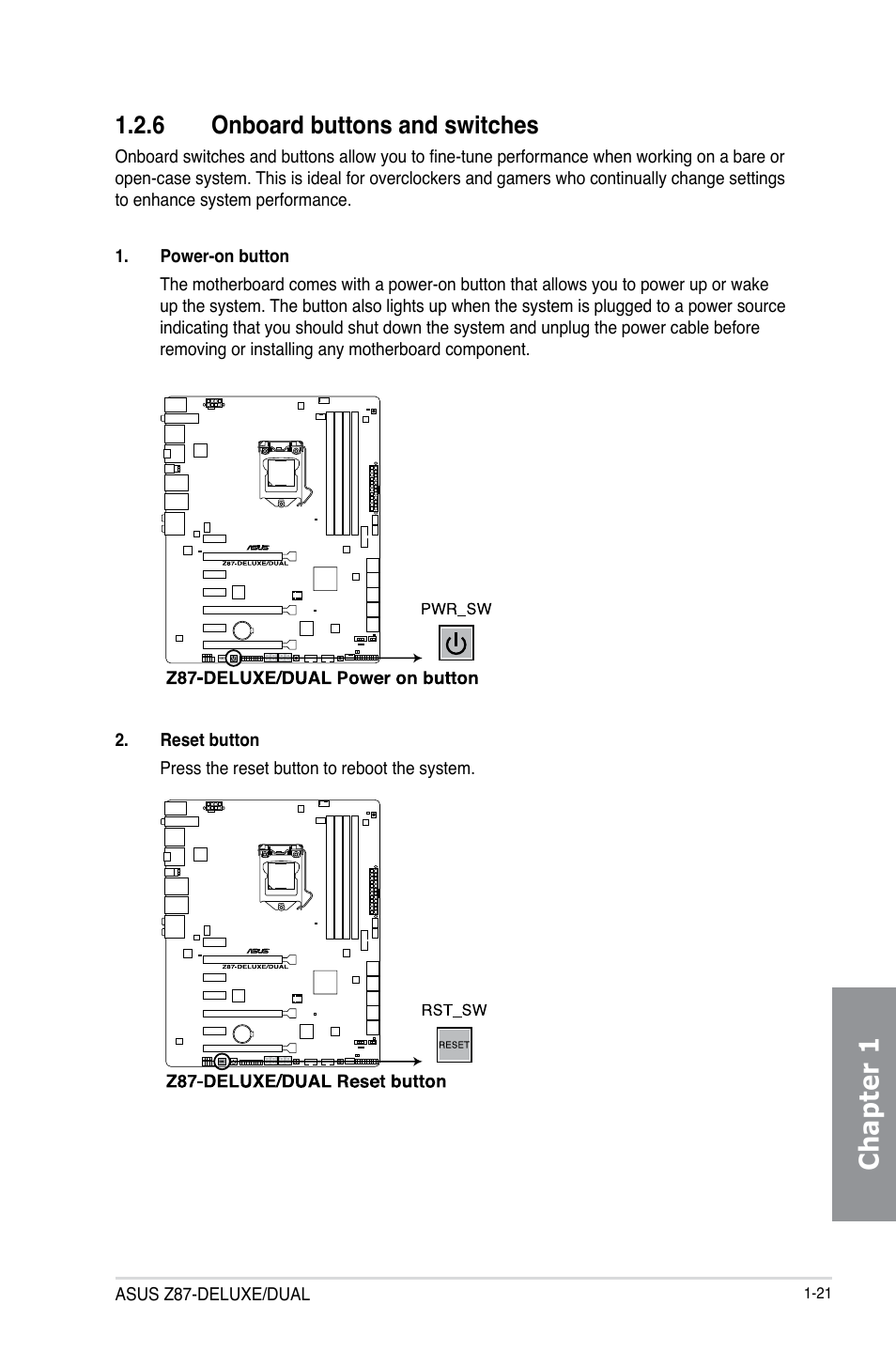 6 onboard buttons and switches, Onboard buttons and switches -21, Chapter 1 | Asus Z87-DELUXE/DUAL User Manual | Page 37 / 168