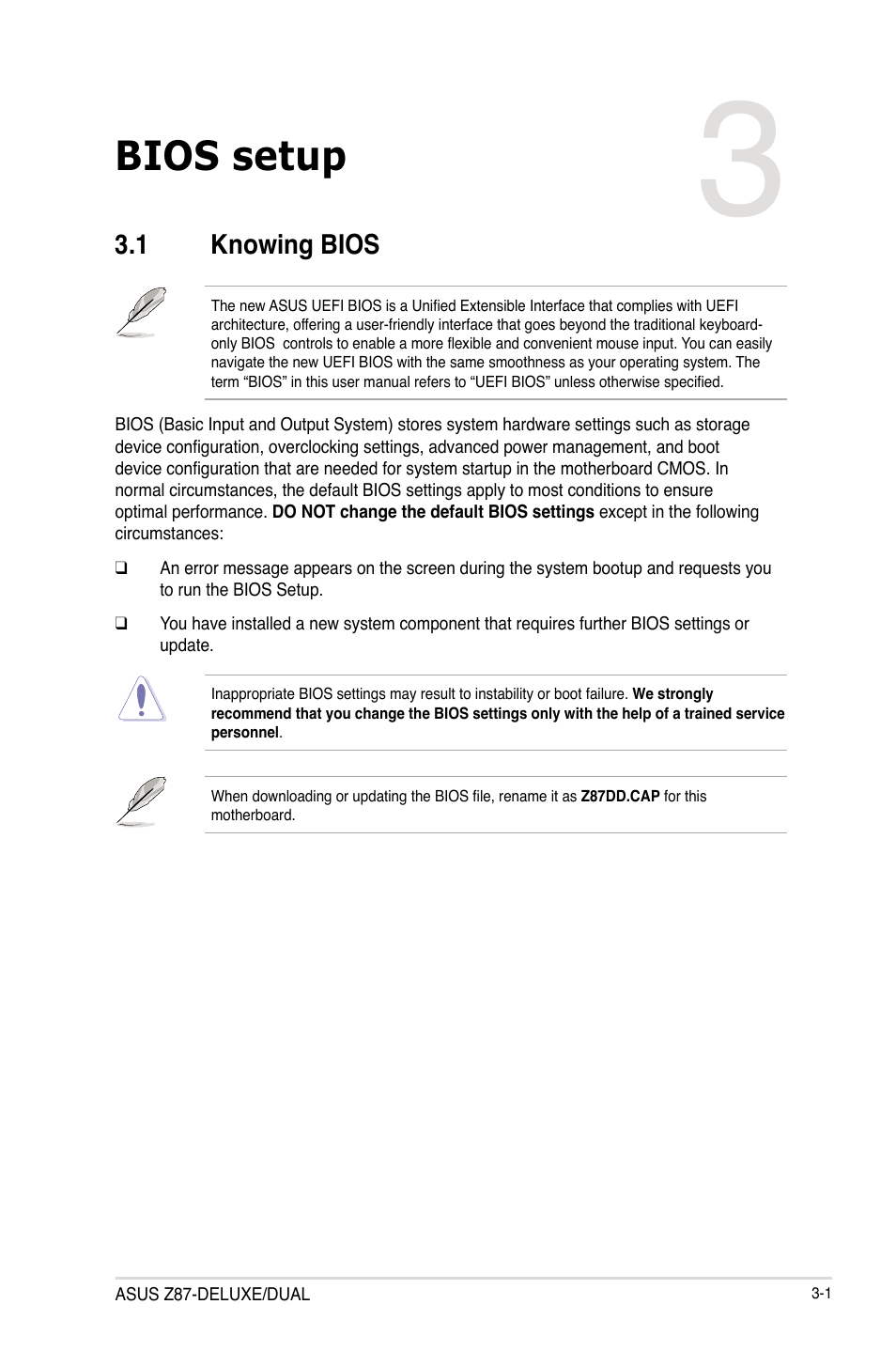 Chapter 3: bios setup, 1 knowing bios, Chapter 3 | Bios setup, Knowing bios -1 | Asus Z87-DELUXE/DUAL User Manual | Page 77 / 168