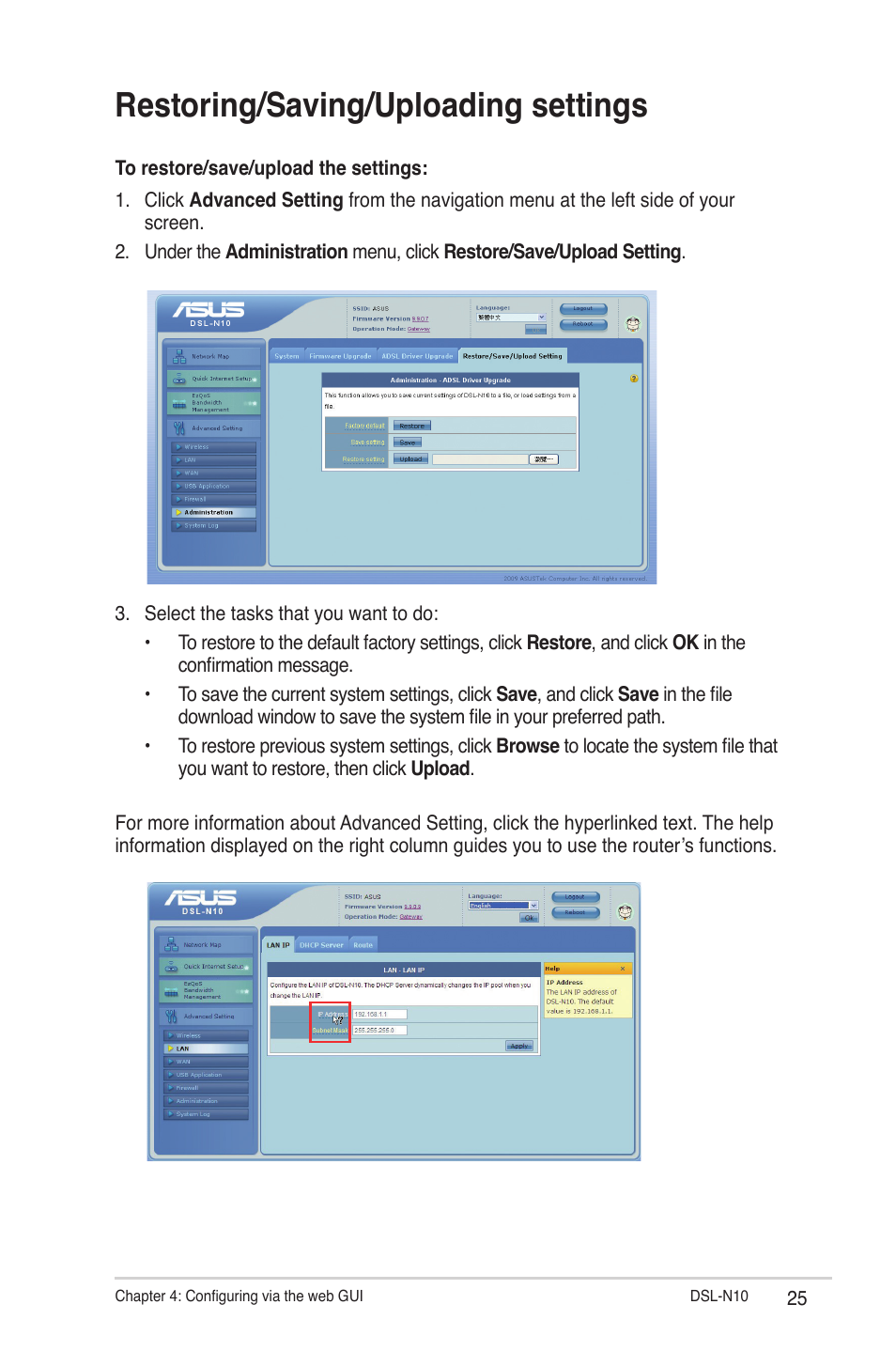 Restoring/saving/uploading settings | Asus DSL-N10 User Manual | Page 25 / 52