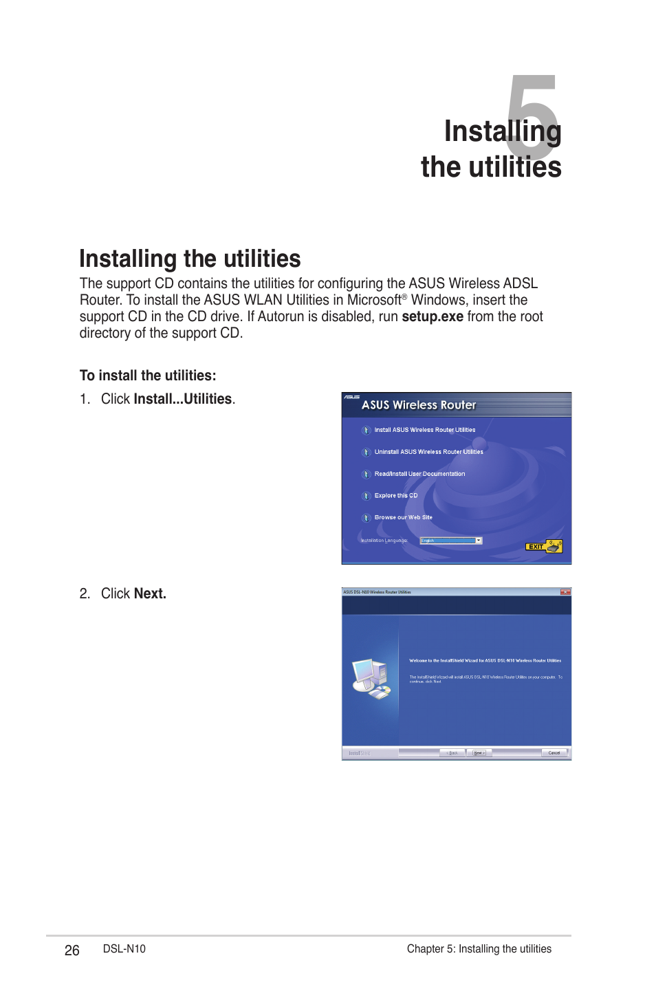 Installing the utilities | Asus DSL-N10 User Manual | Page 26 / 52