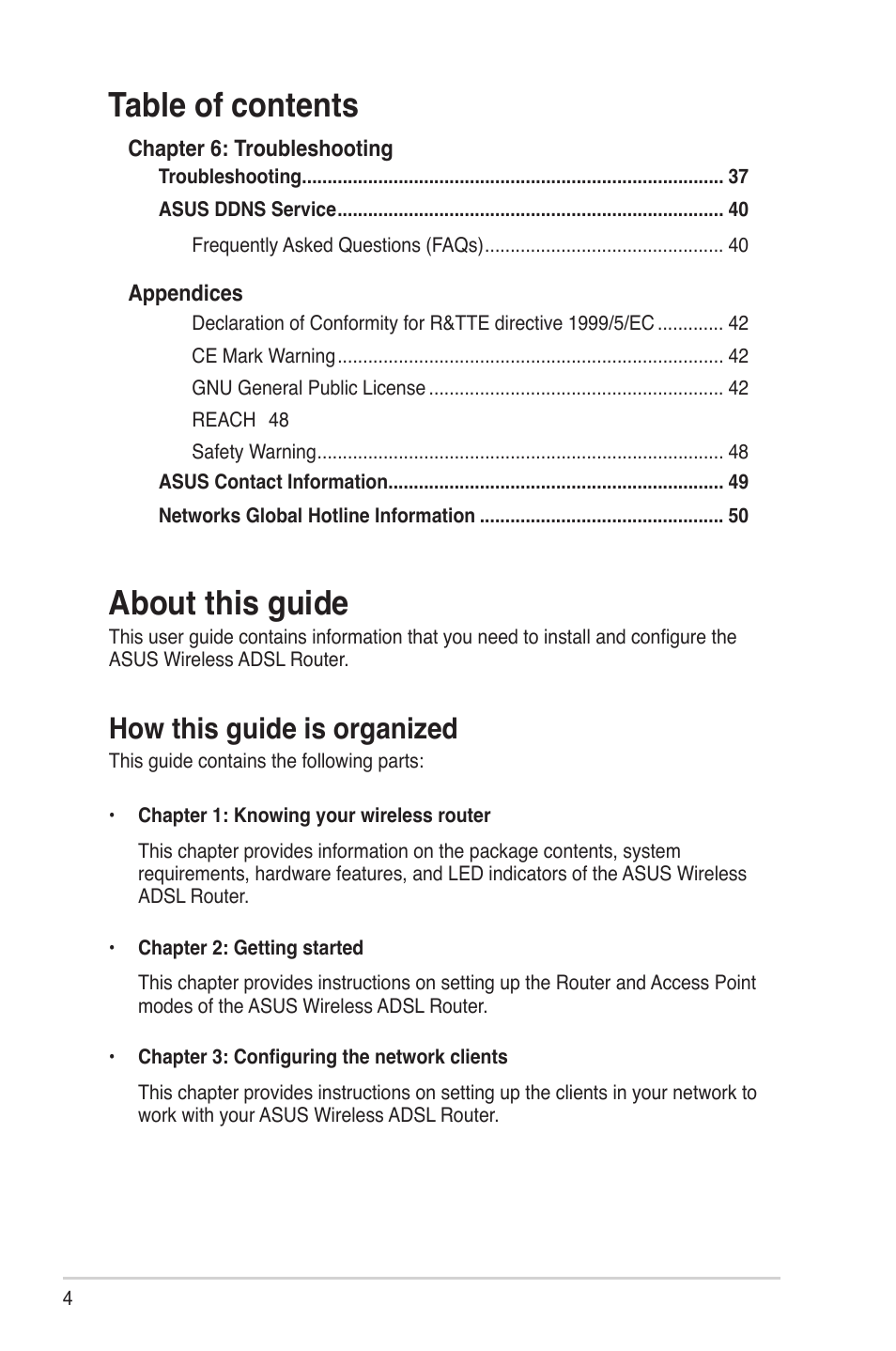 About this guide, Table of contents about this guide, How this guide is organized | Asus DSL-N10 User Manual | Page 4 / 52