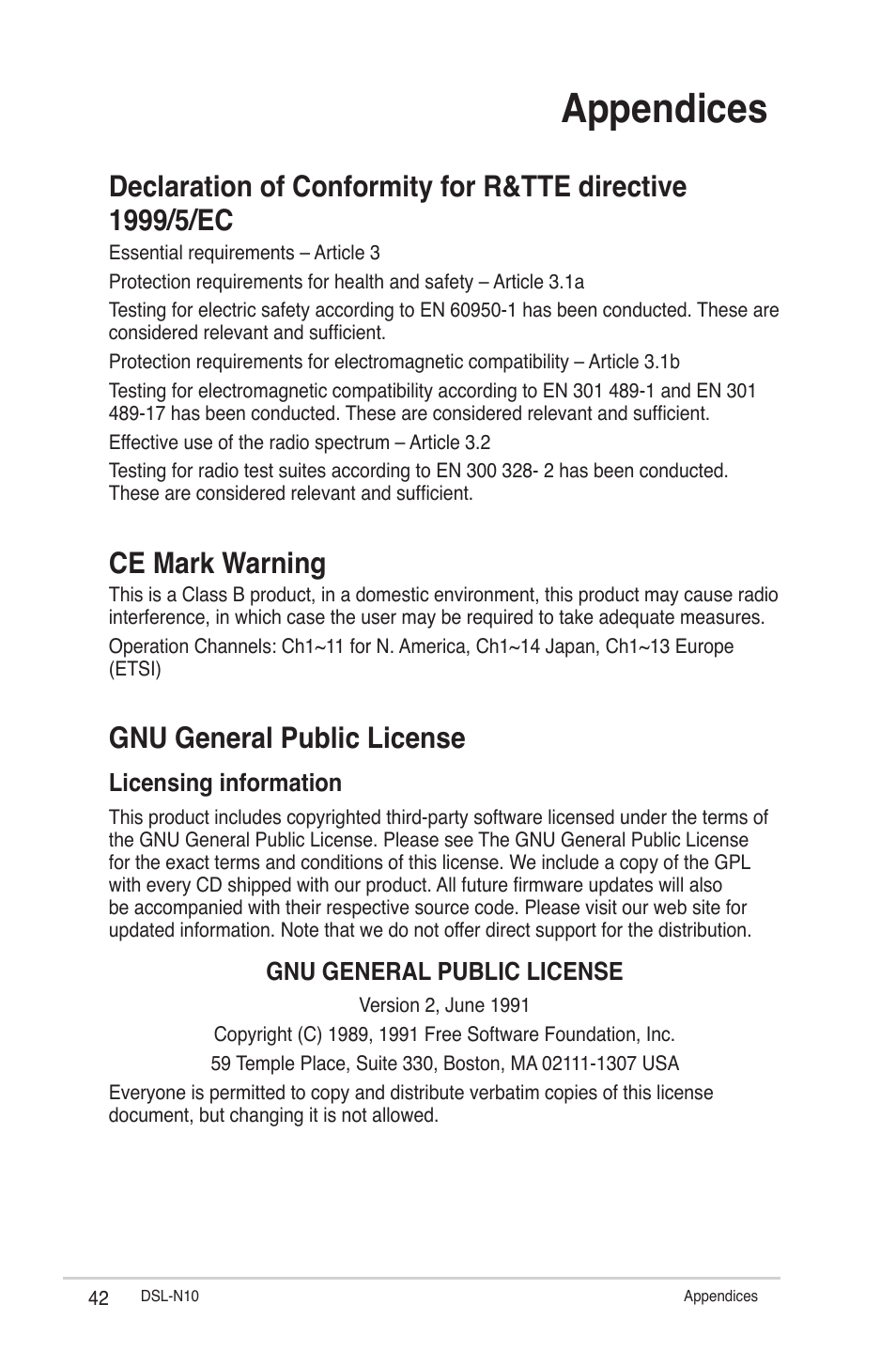 Appendices, Ce mark warning, Gnu general public license | Licensing information | Asus DSL-N10 User Manual | Page 42 / 52