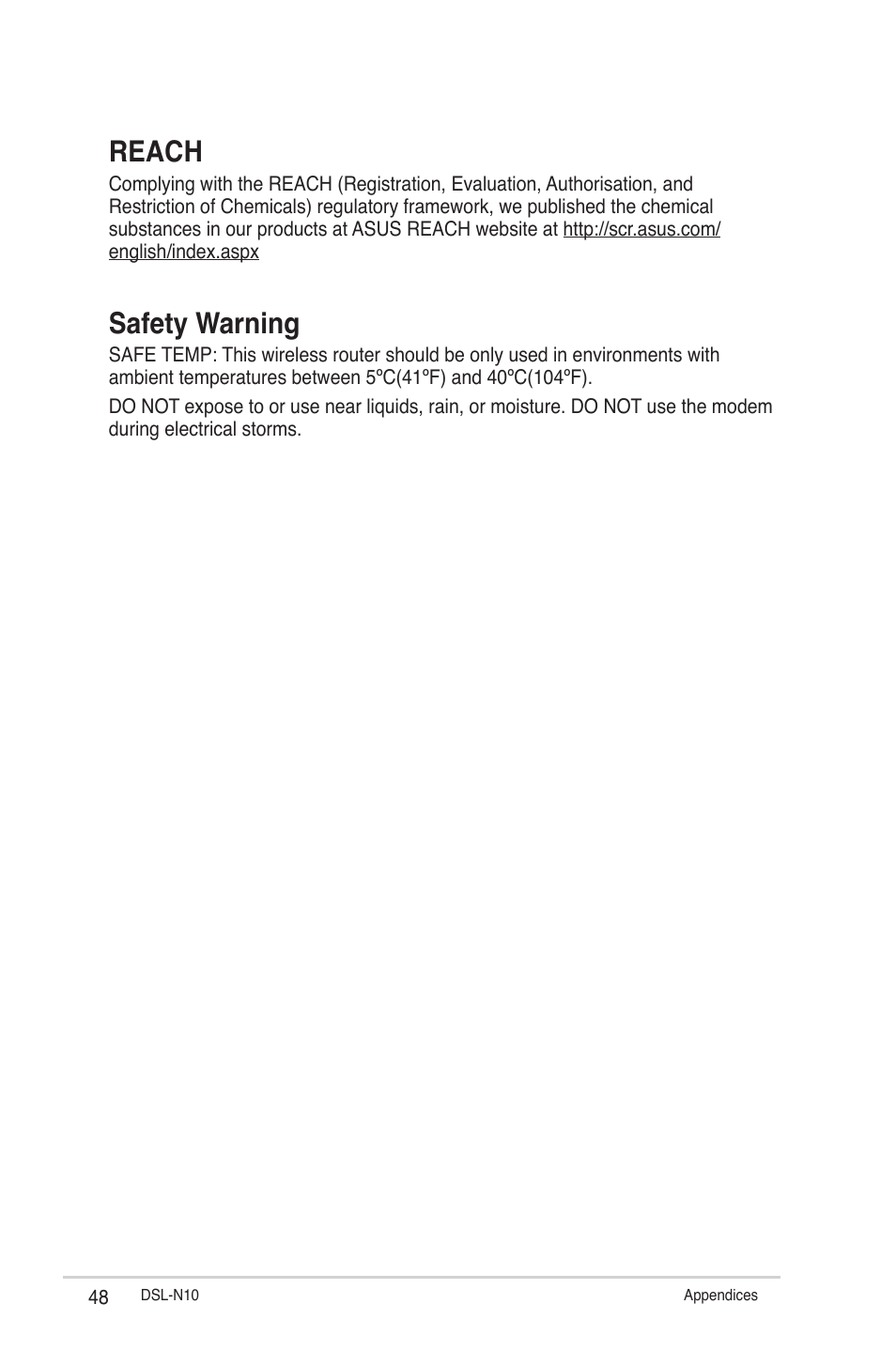 Reach, Safety warning | Asus DSL-N10 User Manual | Page 48 / 52