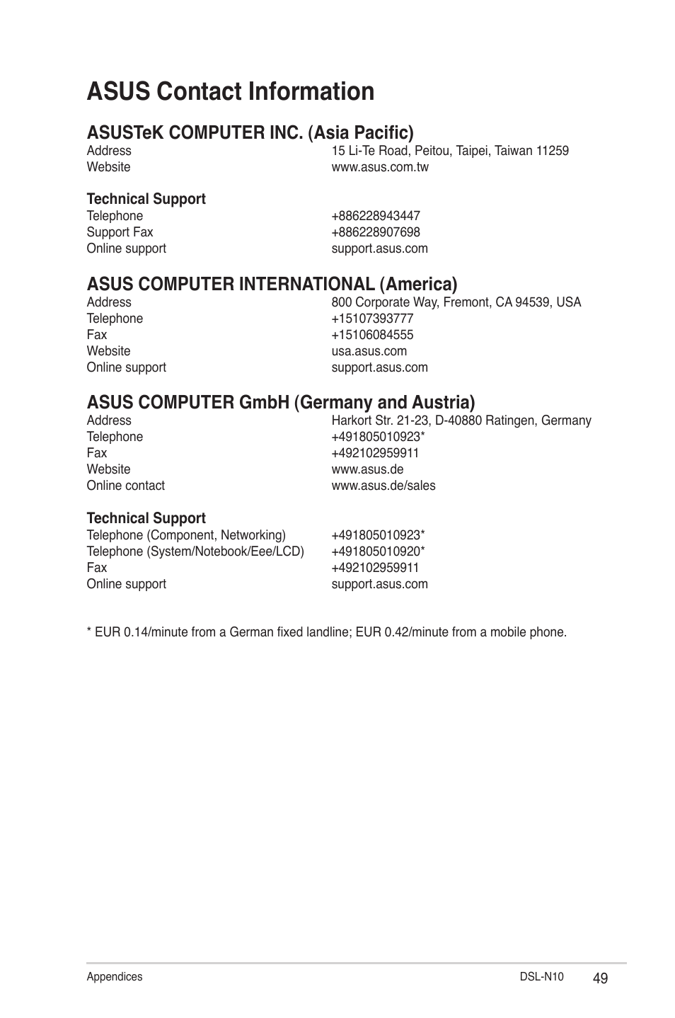 Asus contact information, Asustek computer inc. (asia pacific), Asus computer international (america) | Asus computer gmbh (germany and austria) | Asus DSL-N10 User Manual | Page 49 / 52