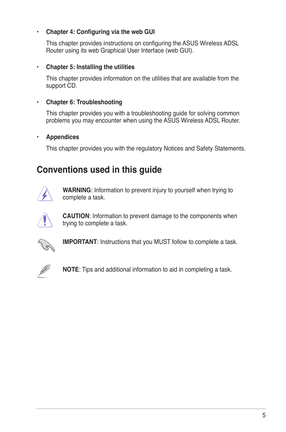 Conventions used in this guide | Asus DSL-N10 User Manual | Page 5 / 52