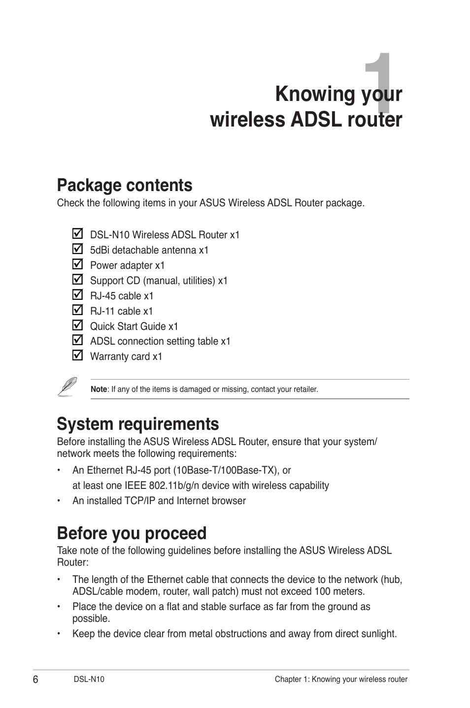 Knowing your wireless router, Package contents, System requirements | Before you proceed, Knowing your wireless adsl router | Asus DSL-N10 User Manual | Page 6 / 52