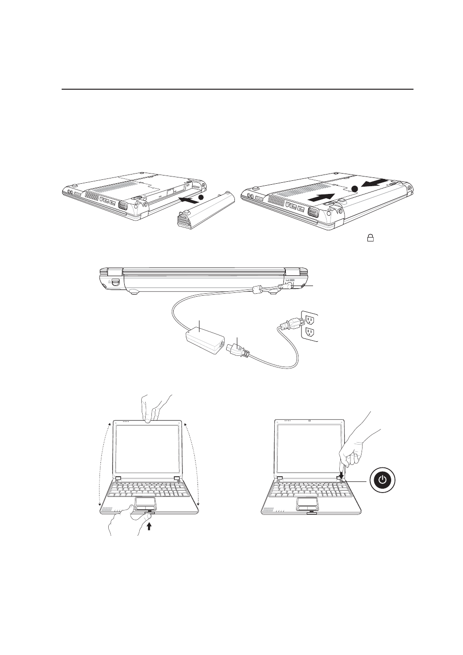 Install the battery pack, Connect the ac power adapter, Open the display panel | Asus S5N User Manual | Page 13 / 84