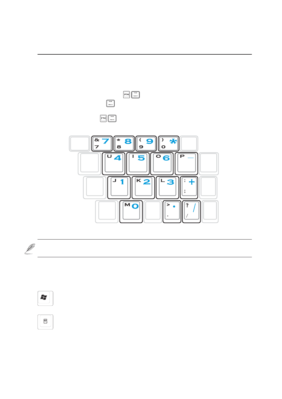 Keyboard as a numeric keypad, Microsoft windows™ keys | Asus S5N User Manual | Page 35 / 84