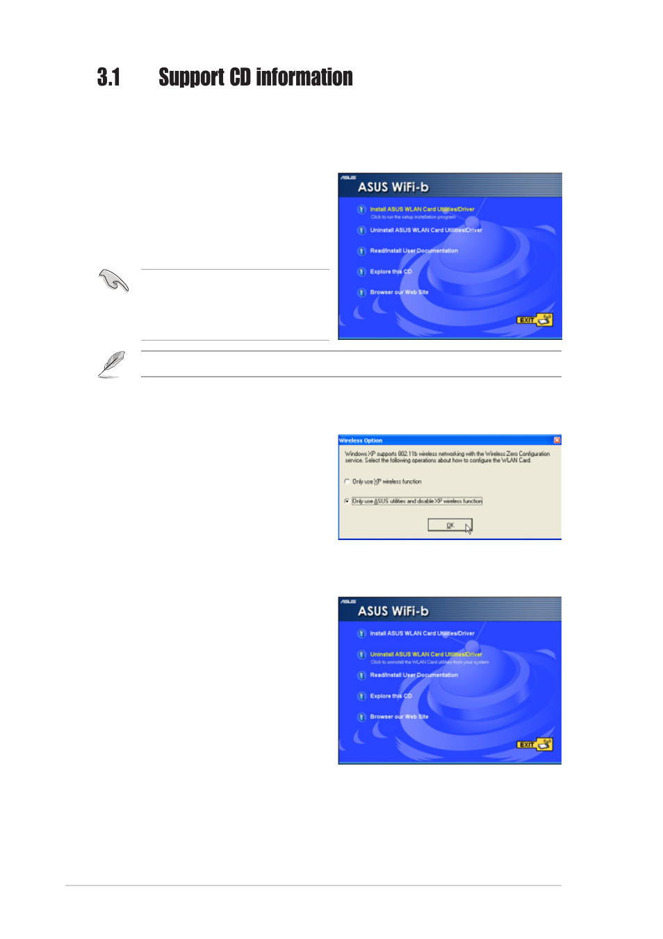 1 support cd information, 2 setting the windows, Xp wireless options | 1 installing the wlan card utilities and driver, 3 other support cd options | Asus WiFi-b User Manual | Page 20 / 56