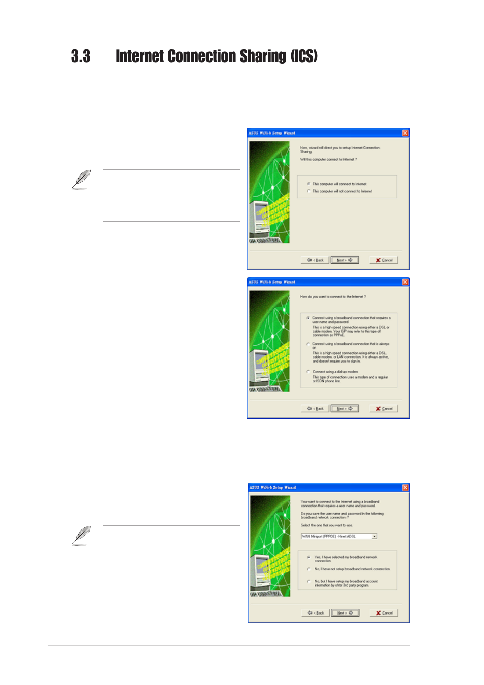 3 internet connection sharing (ics), 1 broadband connection (pppoe) | Asus WiFi-b User Manual | Page 28 / 56
