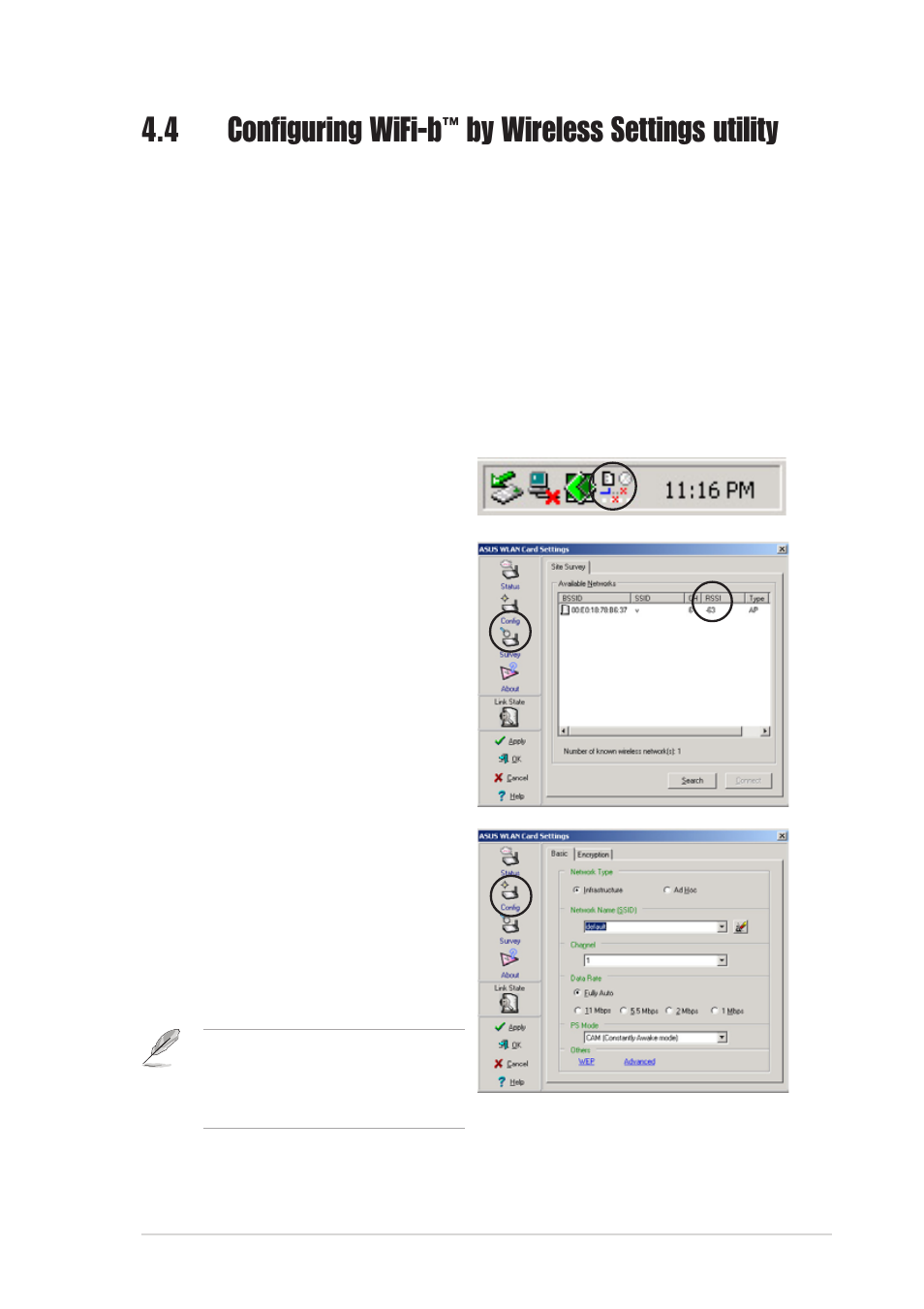 4 configuring wifi-b, By wireless settings utility, 1 station mode (sta) | Asus WiFi-b User Manual | Page 45 / 56