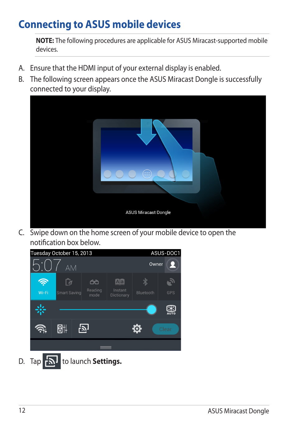 Connecting to asus mobile devices | Asus Miracast Dongle User Manual | Page 12 / 22