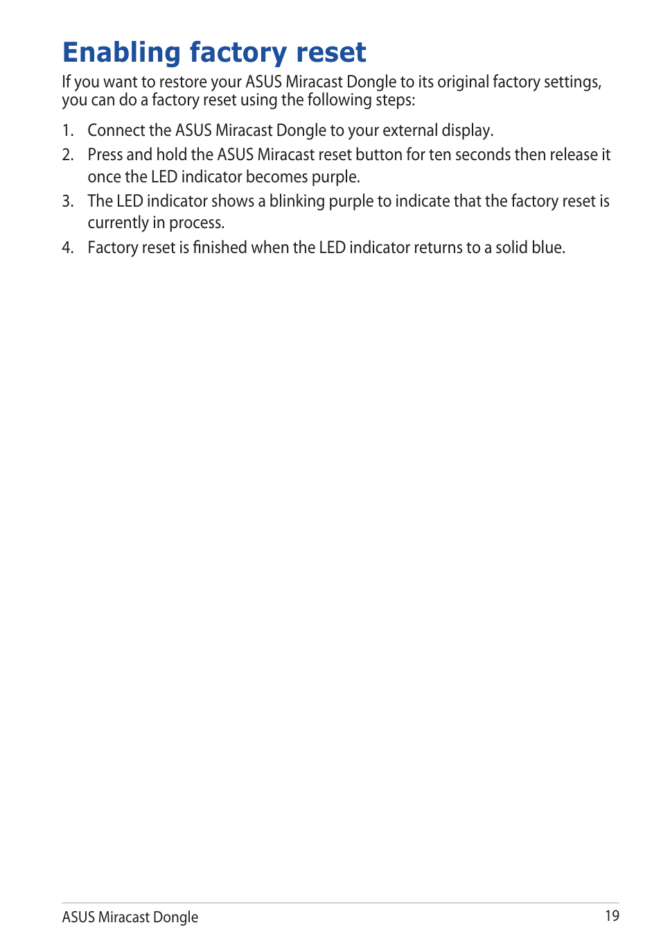 Enabling factory reset | Asus Miracast Dongle User Manual | Page 19 / 22