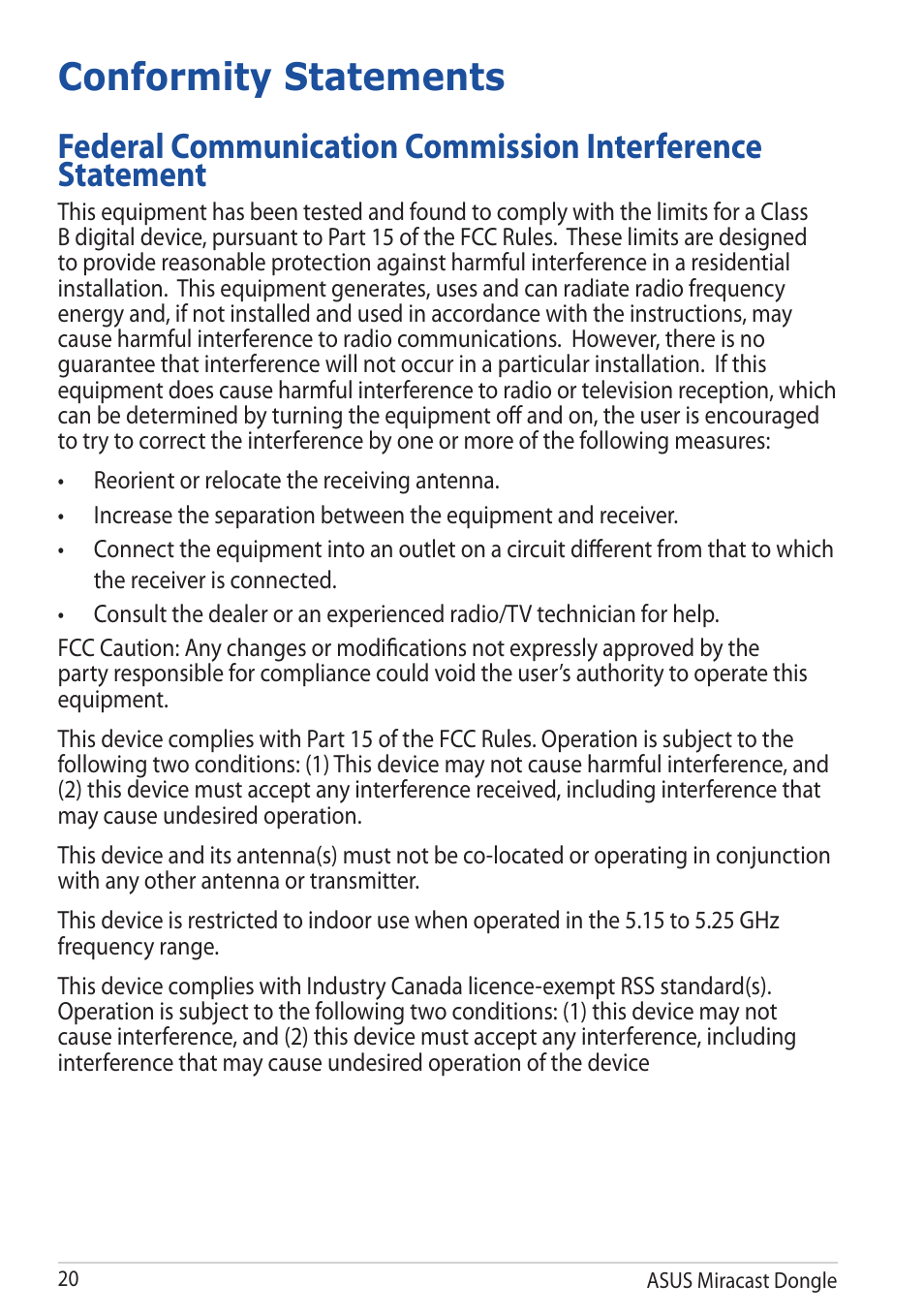 Conformity statements | Asus Miracast Dongle User Manual | Page 20 / 22